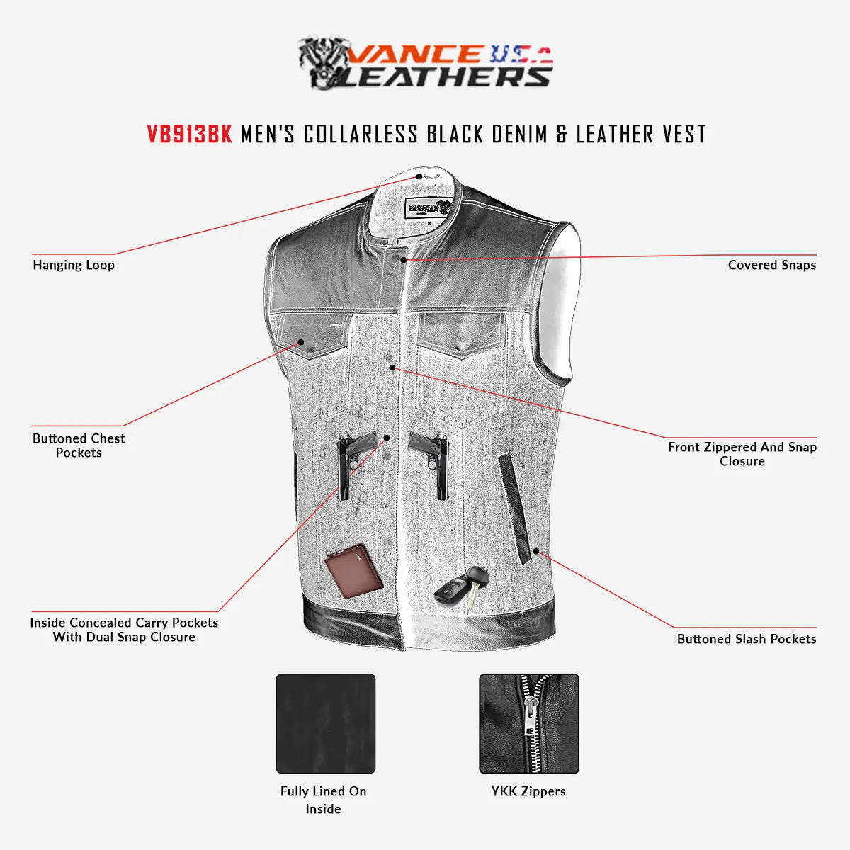 Men's Grey Denim & Leather Motorcycle Vest with CCW Pockets