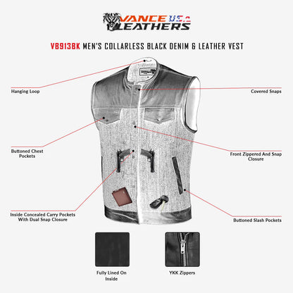 Men's Grey Denim & Leather Motorcycle Vest with CCW Pockets